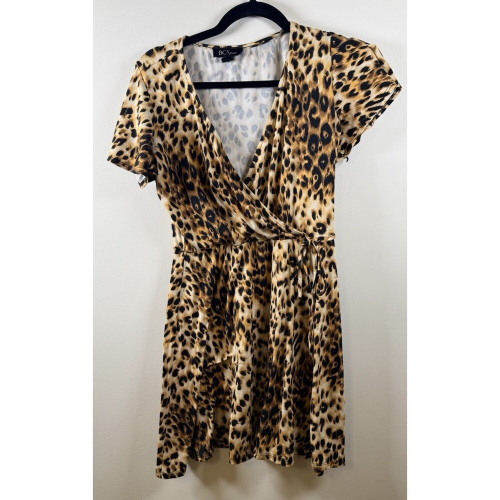 BCX Women's Leopard Animal Print Wrap V-Neck Knit Stretch Dress - M
